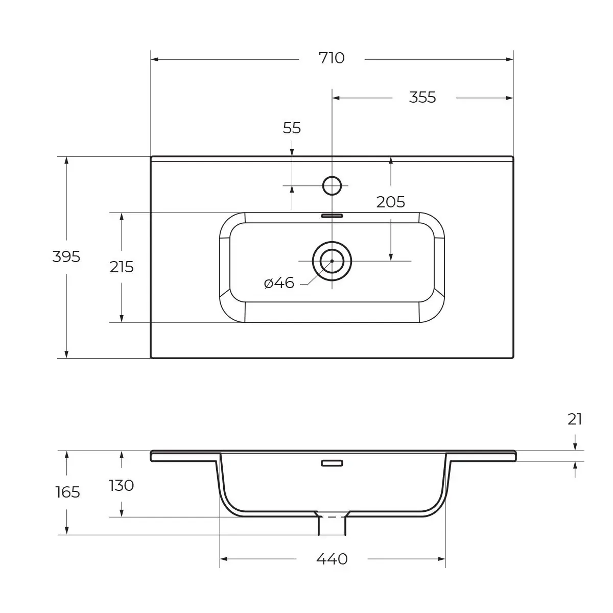 Габаритная схема Мебельная раковина BelBagno BB700/390ETL 70 см