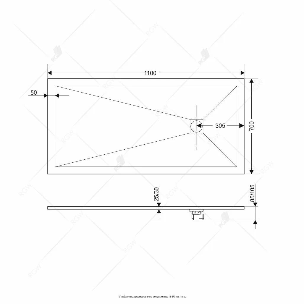 Габаритная схема Поддон для душа RGW Stone Tray ST-G 110х70