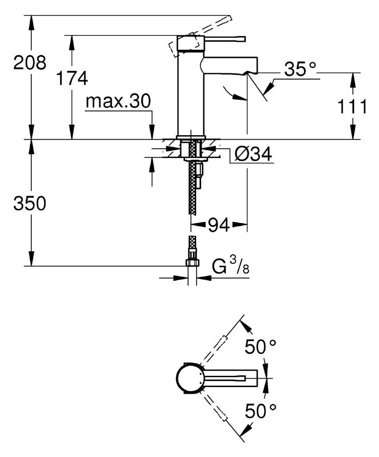 Габаритная схема Смеситель Grohe Essence 34294001 для раковины
