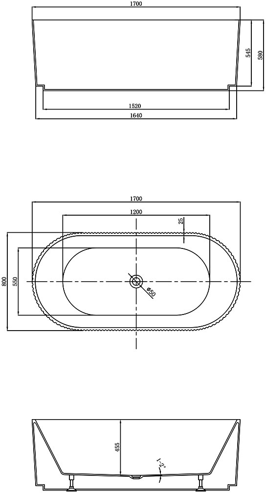 Габаритная схема Акриловая ванна Vincea VBT-426-1700MW 170*80