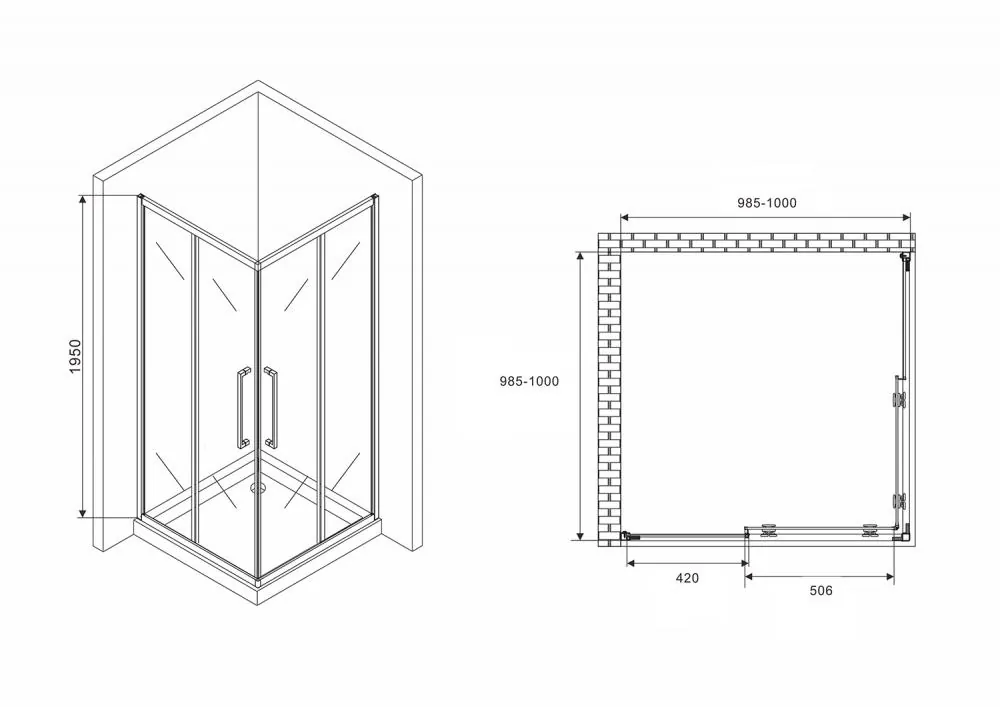 Габаритная схема Душевой уголок Abber Schwarzer Diamant AG02100H 100x100