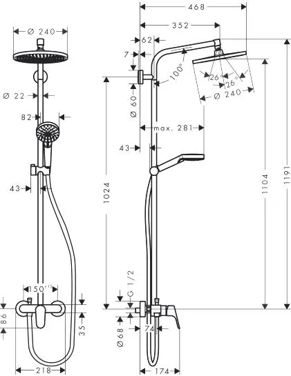Габаритная схема Душевая стойка Hansgrohe Crometta S 27269000