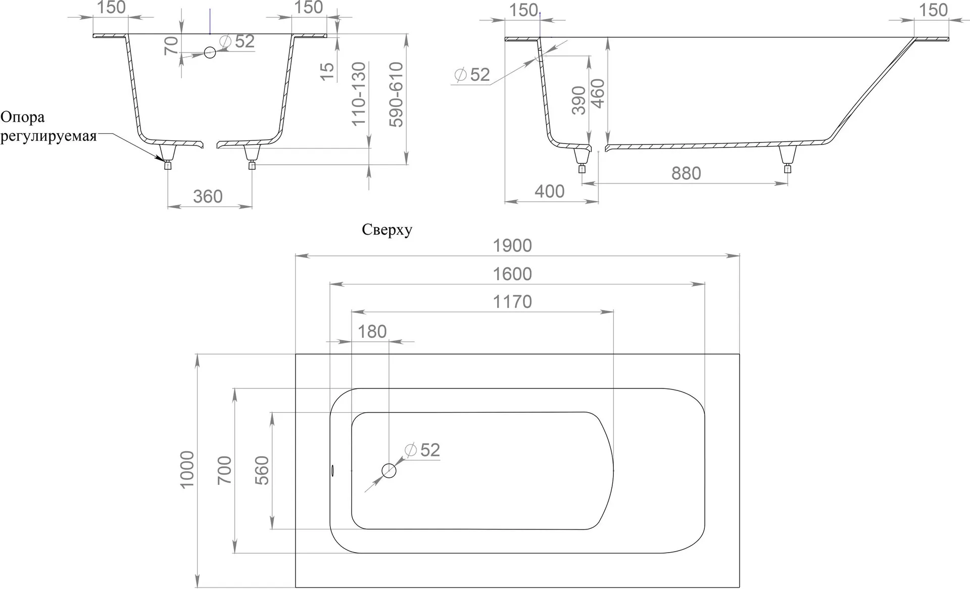 Габаритная схема Ванна из искусственного камня Salini Orlando Vasta 102014G 190х100