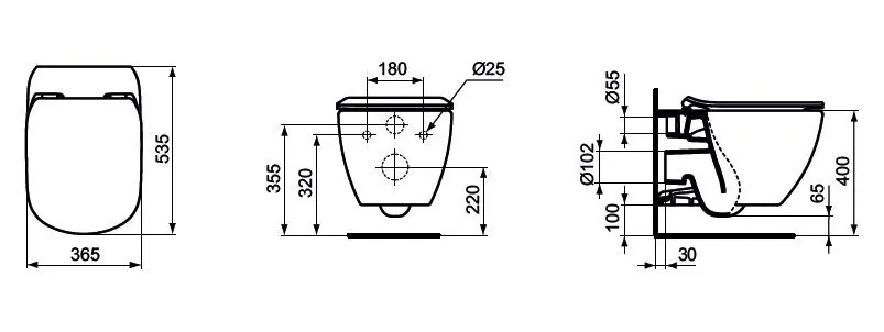 Габаритная схема Унитаз подвесной Ideal Standard Tesi T007901