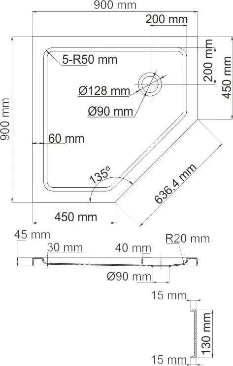 Габаритная схема Поддон для душа Wasserkraft Isen 26T11 90x90 см