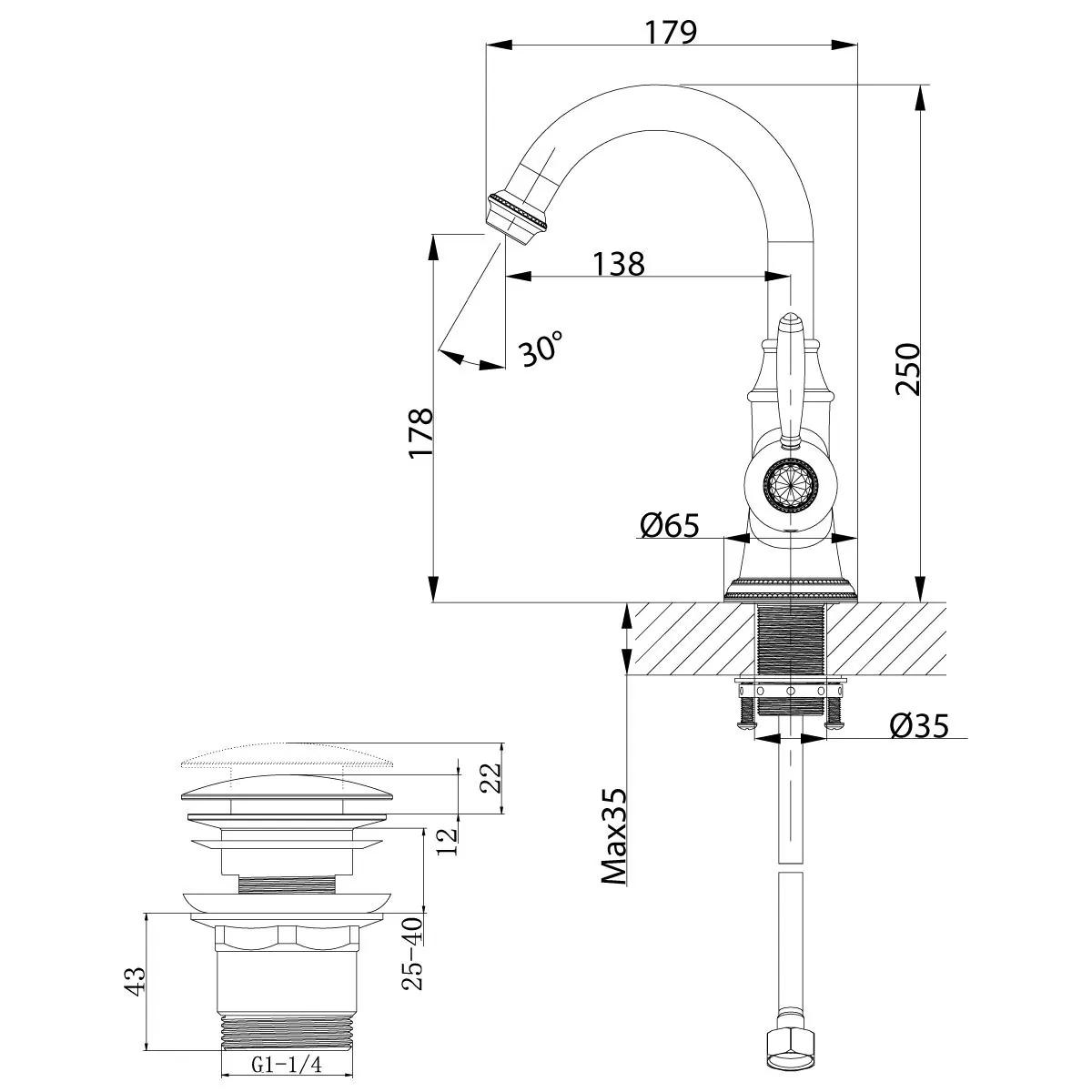Габаритная схема Смеситель Lemark Spark LM6707RG для раковины