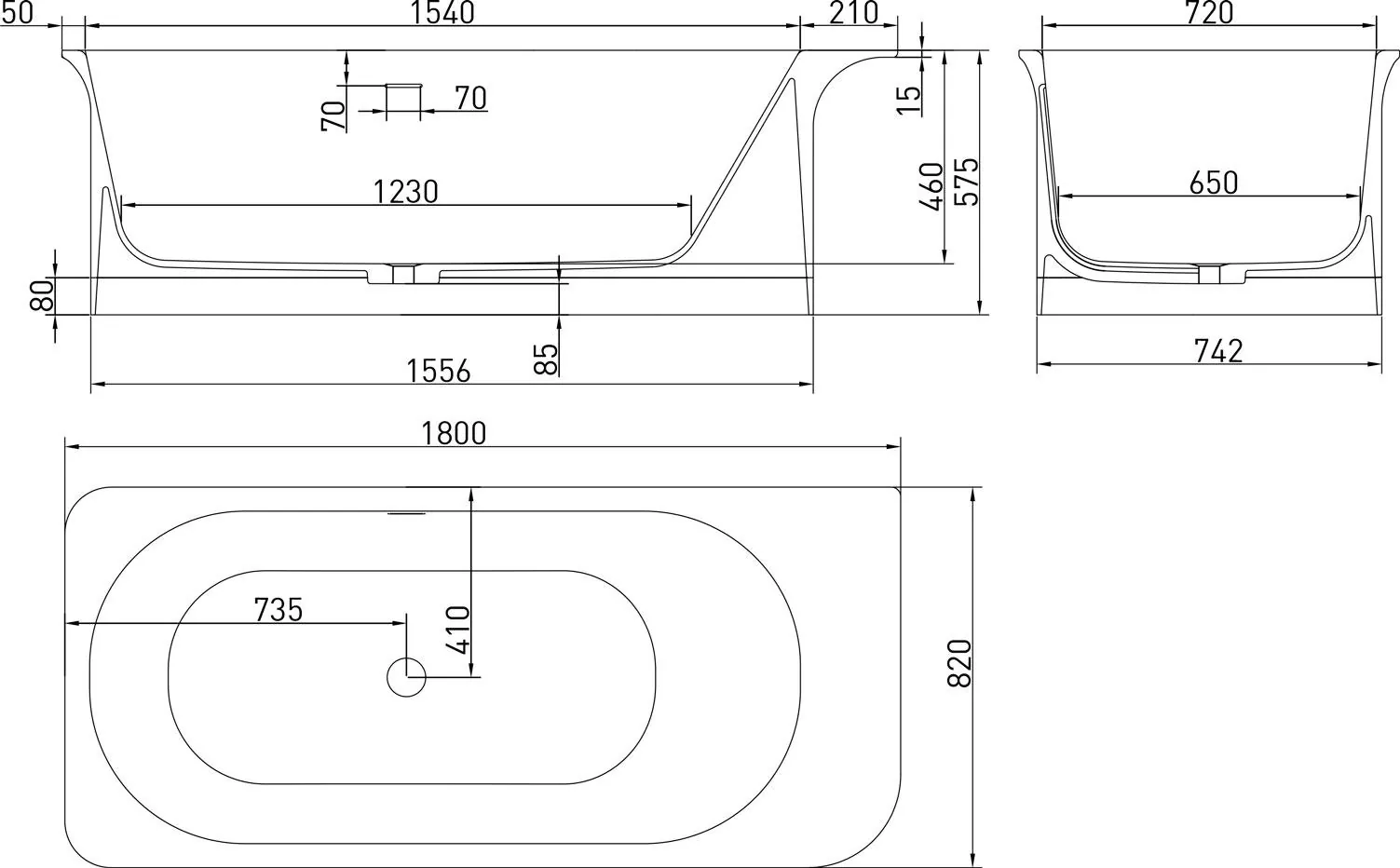 Габаритная схема Ванна из искусственного камня Salini Ninfea 102721M 180х82 матовая