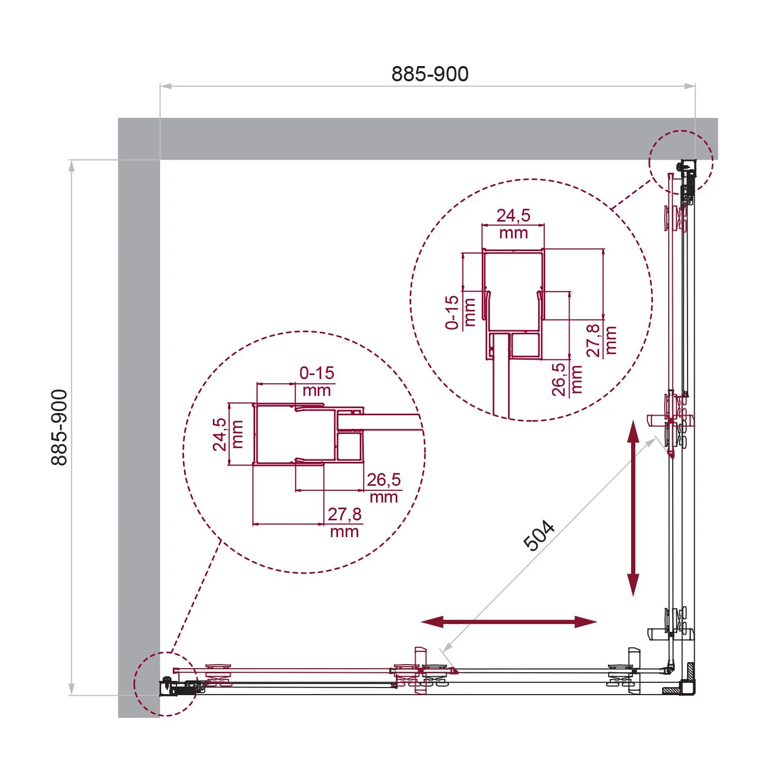 Габаритная схема Душевой уголок BelBagno Luce A-2-90-P-Cr