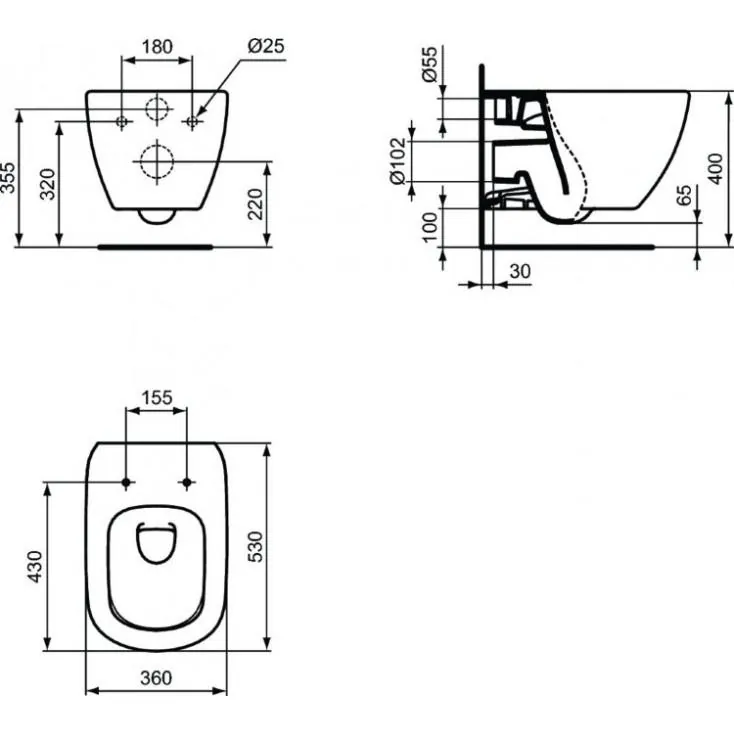Габаритная схема Унитаз подвесной Ideal Standard Tesi T0079V3