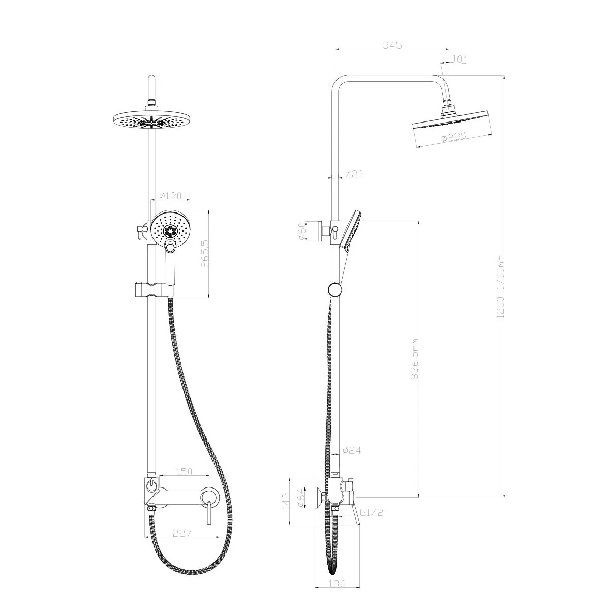 Габаритная схема Душевая стойка Lemark Minima LM3860C
