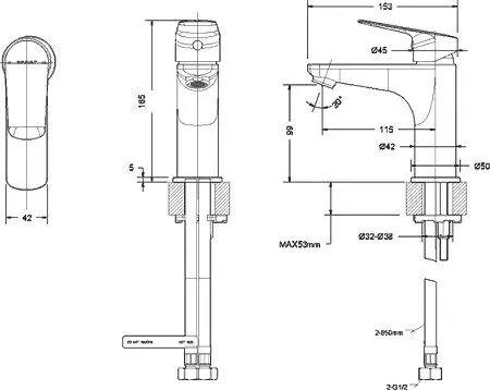 Габаритная схема Смеситель Bravat Rhein F1429564CP-9-ENG для раковины