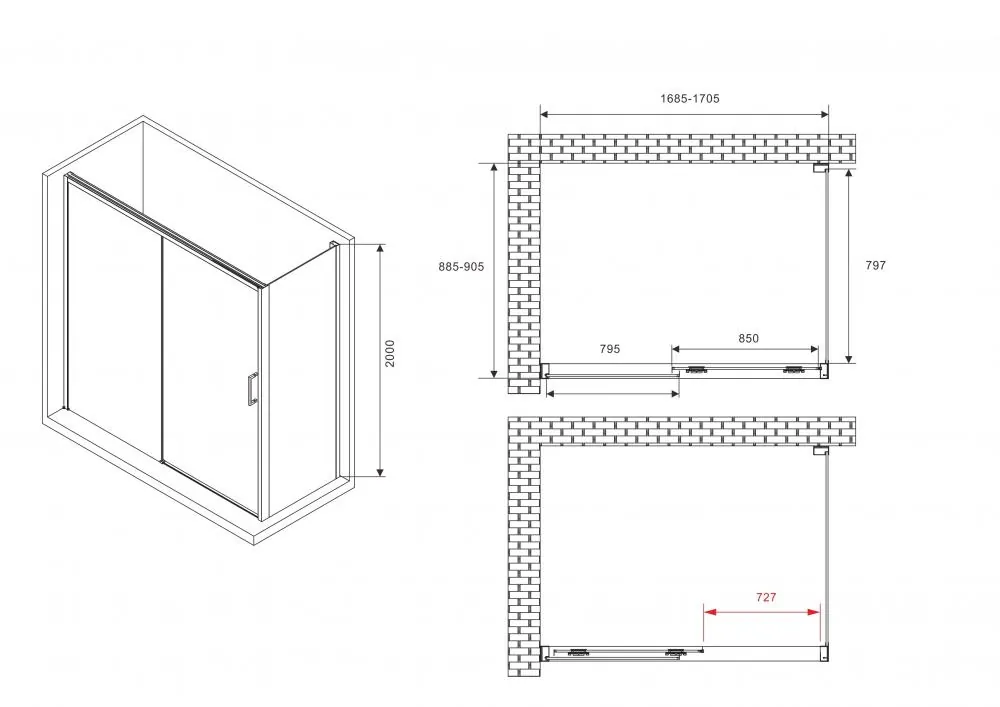 Габаритная схема Душевой уголок Abber Komfort AG93170B-S92B 170x90