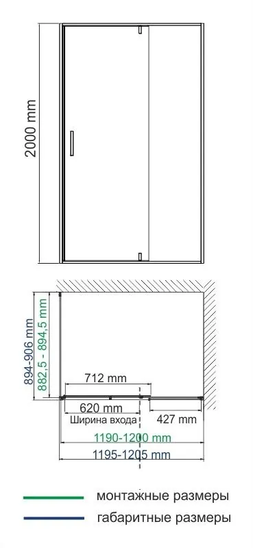 Габаритная схема Душевой уголок Wasserkraft Elbe 74P07 120х90
