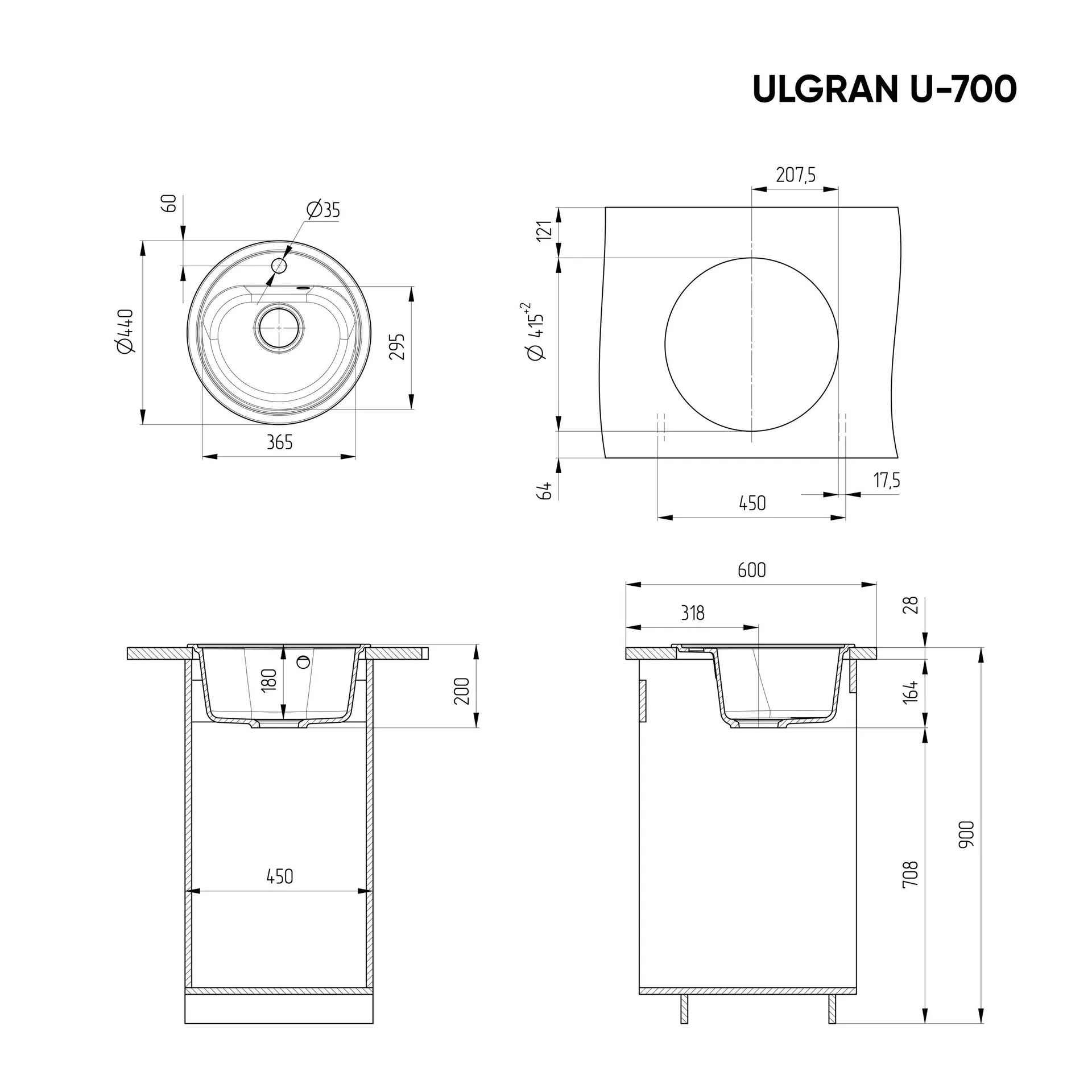 Габаритная схема Мойка кухонная Ulgran U-700-328 бежевый
