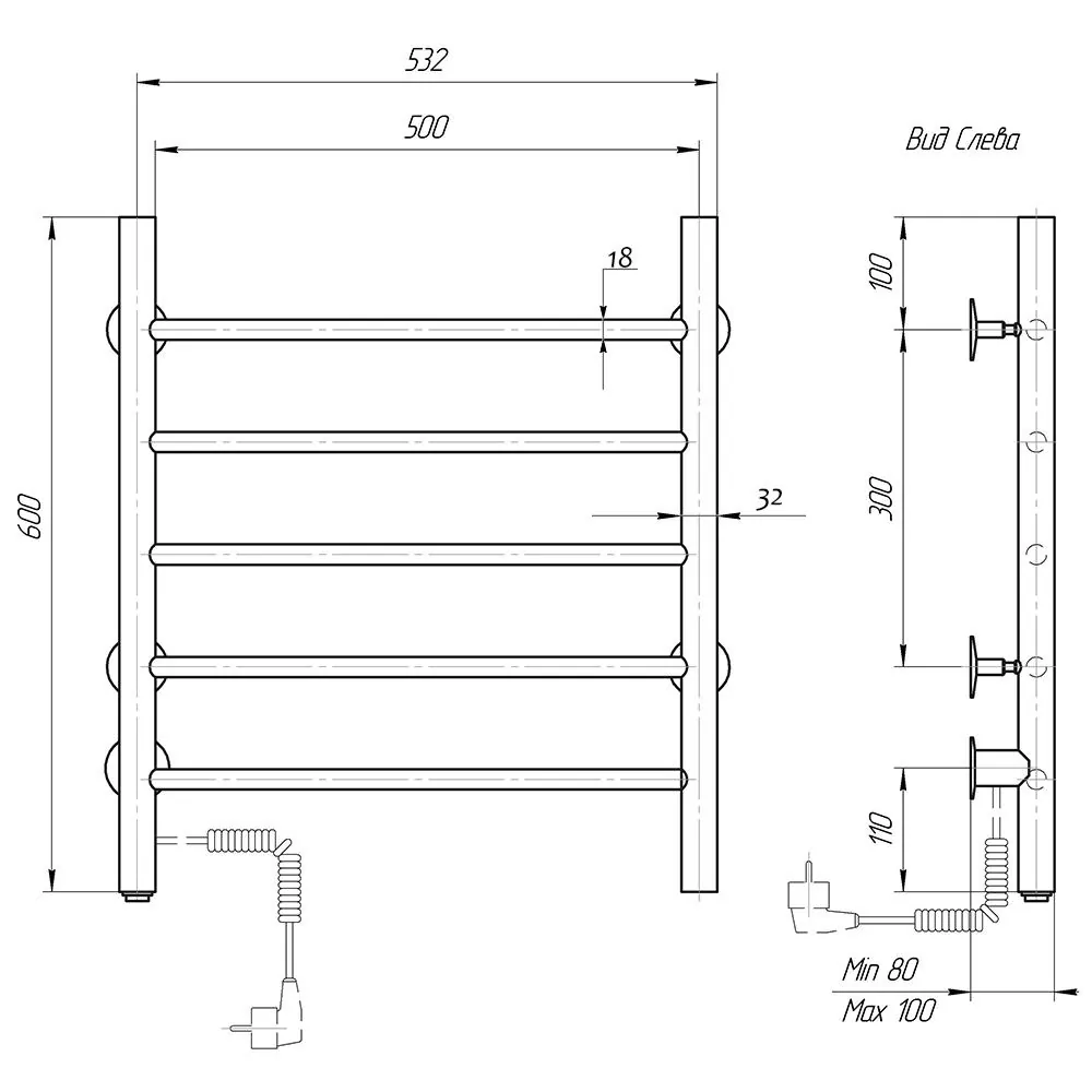 Габаритная схема Полотенцесушитель электрический Domoterm Аврора 50x60 L