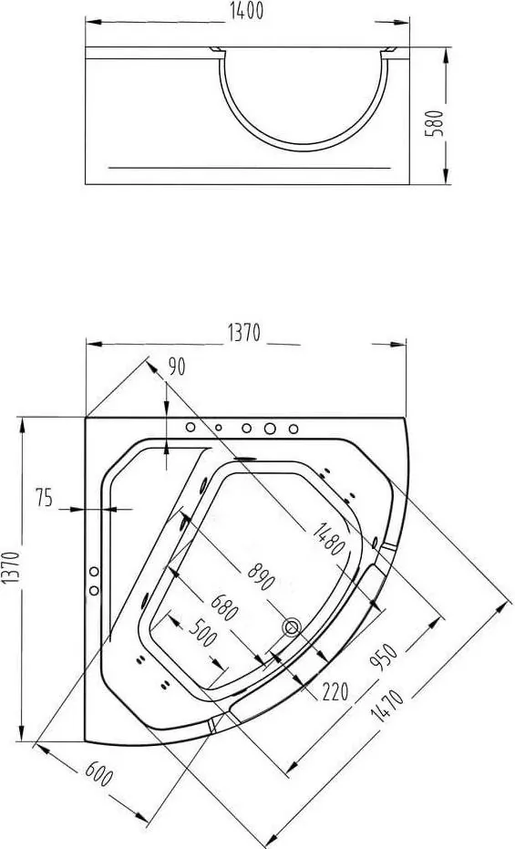 Габаритная схема Акриловая ванна Orans 62118M0 140x140