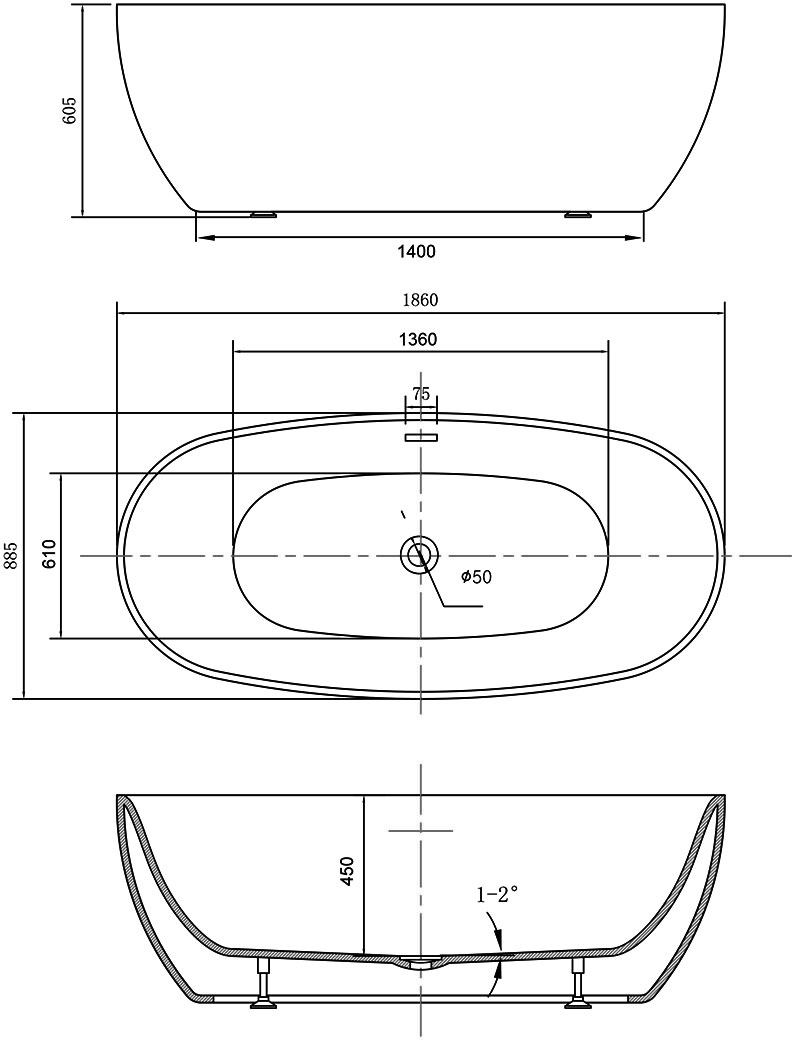 Габаритная схема Акриловая ванна Vincea VBT-405-1860 186x88,5