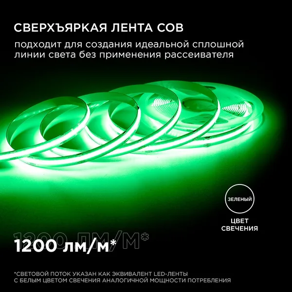208ОО Общее освещение светодиодной лентой 2м, 24В, 14Вт/м, COB, 512д/м, IP20, зел. Apeyron — фото 3