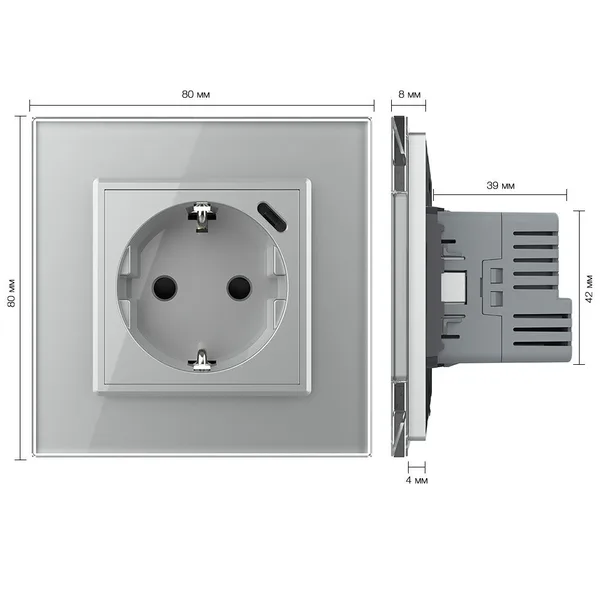 Розетка электрическая + USB type-C с блоком питания 18W Livolo 1 пост Серая VL-C7CTF16A.UC18W-2IP — фото 5