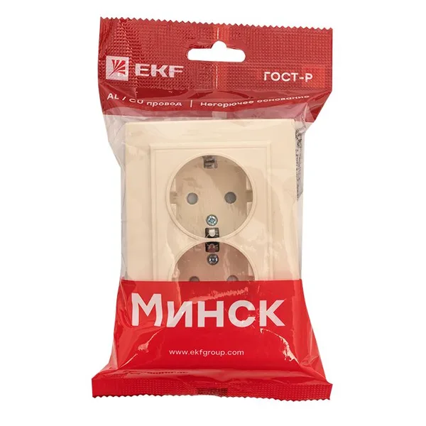 Минск Розетка 2-мест, СП с/з 16А бежевый с защ, штор, EKF — фото 3