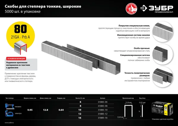 16 мм скобы для степлера тонкие широкие тип 80, 5000 шт ЗУБР — фото 4
