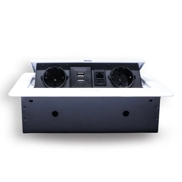 Розетка горизонтальная выдвижная 2 Euro 16А, 2 USB A с блоком 5В/2.1А, RJ45 RocketSocket, проводка, цвет белый — фото 2