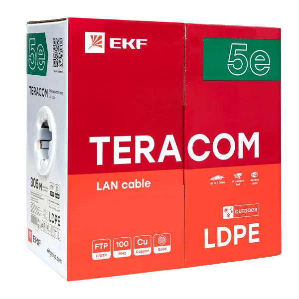 Кабель витая пара TERACOM Cat,5E F/UTP 4 пары solid внешний оболочка LDPE цвет черный (упак, 305м) EKF — фото 3
