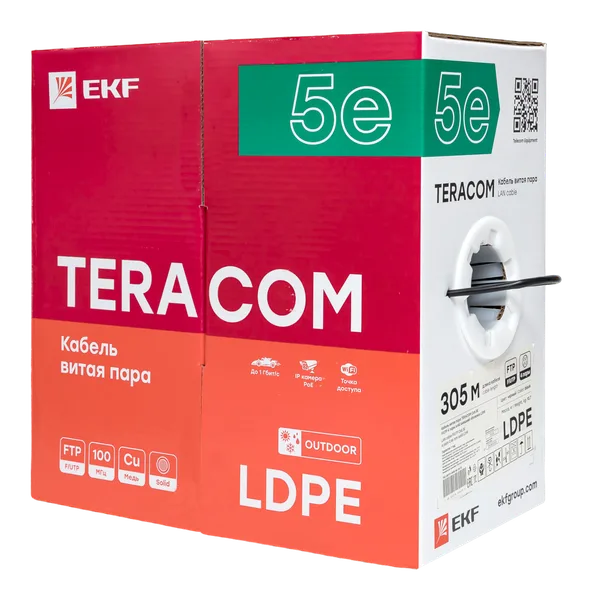 Кабель витая пара TERACOM Cat,5E F/UTP 4 пары solid внешний оболочка LDPE цвет черный (упак, 305м) EKF — фото 4