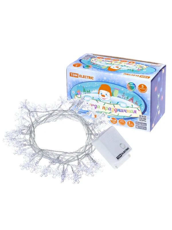 Гирлянда светодиодная "Снежинки" 50LED, 5м, 8 режимов, многоцвет., прозр. шнур, 250 В, TDM — фото 2