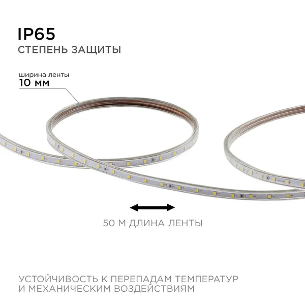 O17-03 Светодиодная лента 220В, 5Вт/м, smd2835, 60д/м, IP65, 300лм/м, размер 10х7мм, 50м, х/б, 6500К OGM APEYRON — фото 6