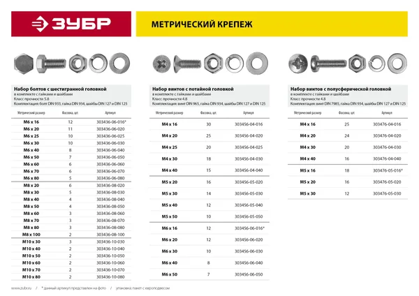 Болт (DIN933) в комплекте с гайкой (DIN934), шайбой (DIN125), шайбой пруж. (DIN127), M8 x 70 мм, 3 шт, ЗУБР — фото 3