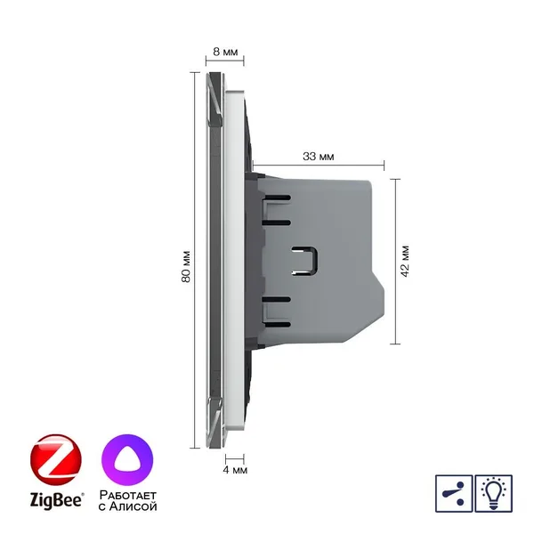 Одноклавишный проходной умный сенсорный диммер Livolo ZigBee, 1 пост, Серый VL-C701SD2Z-2IG — фото 3