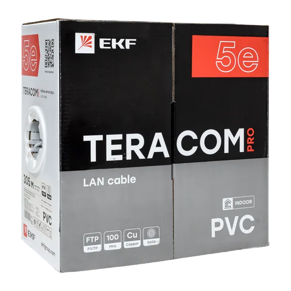 Кабель витая пара TERACOM PRO Cat,5E F/UTP 4 пары solid 24AWG оболочка PVC цвет серый (упак, 305м) EKF — фото 3