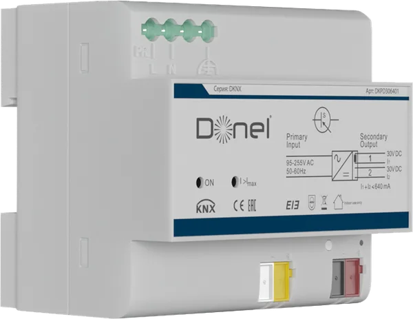 Donel KNX блок питания, 640 мA. Входное напряжение 95-255 В AC, 47-63 Гц, выход 1: 30 В DC +1/-2 В, SELV с дросселем; выход 2: 30 В DC +1/-2 В, SELV б — фото 3