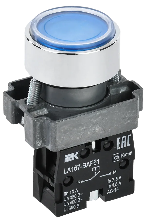 Кнопка управления LA167-BAF61 d=22мм 1з синяя IEK