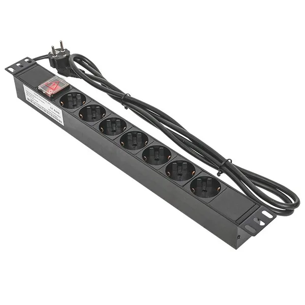 Блок розеток PDU TERACOM 19" 1U 16А/250В 7 розеток Schuko с выключателем шнур питания длиной 2 метра сечение 3x1,5 мм2 вилка Schuko корпус пластик чер EKF