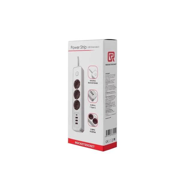 Удлинитель Power Strip USB Extended 3 Euro 16А, 4 USB 3A+C с блоком 5В/3.4А, кабель 1,4м RocketSocket, цвет белый — фото 5