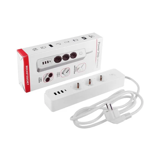 Удлинитель Power Strip USB Extended 3 Euro 16А, 4 USB 3A+C с блоком 5В/3.4А, кабель 1,4м RocketSocket, цвет белый — фото 4