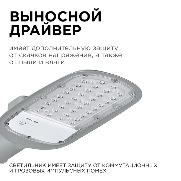 29-01 Светильник светодиодный, уличный, консольный 30Вт, 230/50Гц, 3300лм, 5000К, IP65, КСС "Ш", 380*172*65мм, Ф50мм, серый Apeyron — фото 8