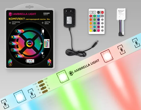 Комплект св/д ленты RGB GS2401 5050 30Led/ 7.2W m/ 12V IP20 RGB/ 5000*10*1.87mm/ (4 конт.) (адаптер, вилка, контроллер, пульт в компл.) Ambrella Light