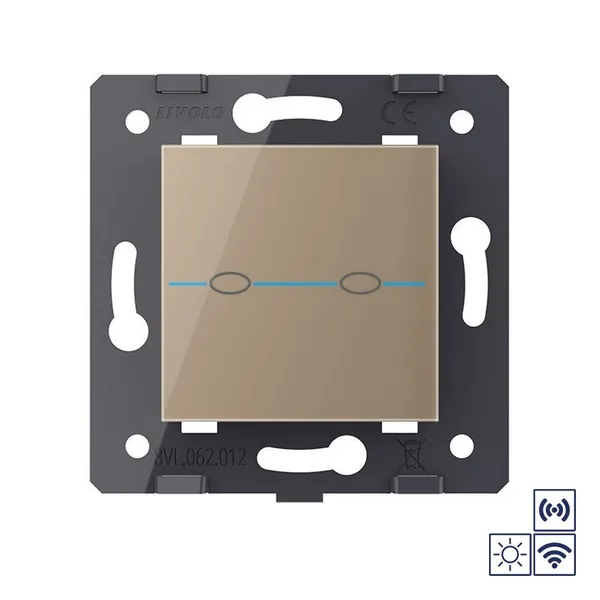 Двухклавишная импульсная сенсорная кнопка Quadro сухой контакт с радиоупр., золотой (мех.) Livolo — фото 2