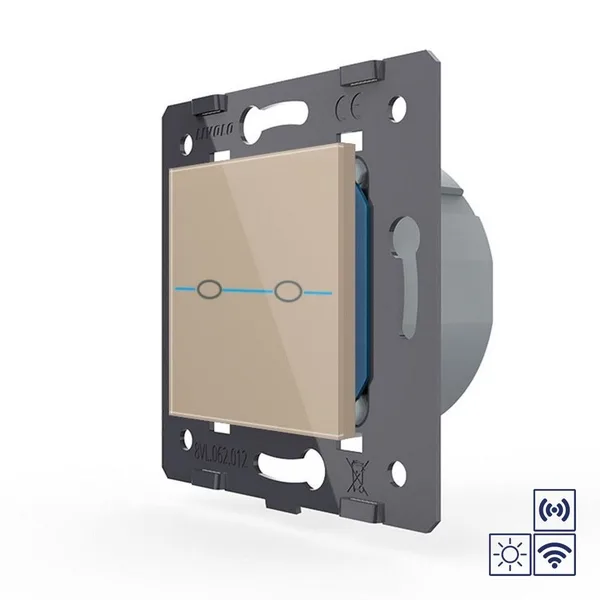 Двухклавишная импульсная сенсорная кнопка Quadro сухой контакт с радиоупр., золотой (мех.) Livolo