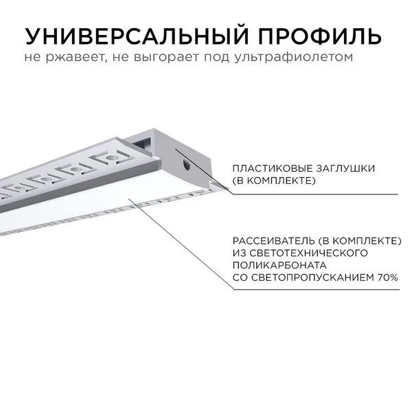 08-49 Профиль алюминиевый для светодиодной ленты, под штукатурку, серебро, 61х14мм, 2,5м, шир. ленты до 20мм, индивидуальная упаковка (рассеиватель бе APEYRON — фото 6