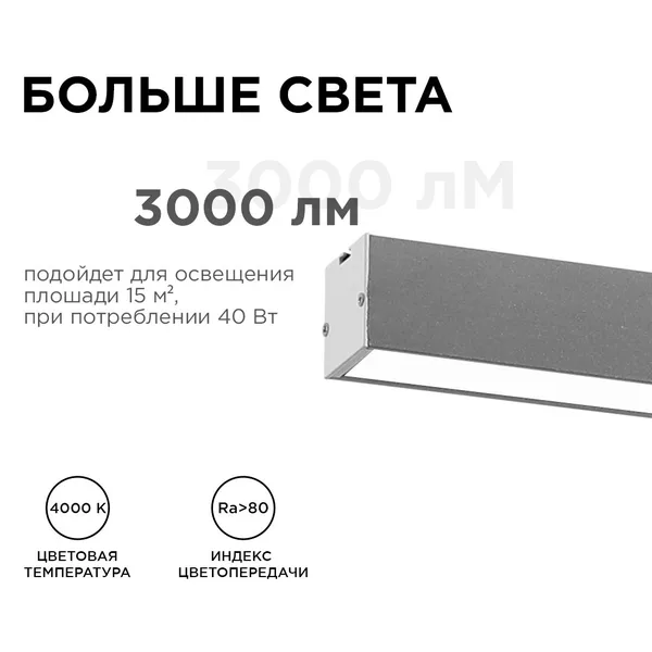 30-11 Светильник линейный, подвесной, светодиодный 40Вт, 230В/50Гц, 3000лм, 4000К, IP40, серебро, 1180х40х40мм, алюминий Apeyron — фото 3