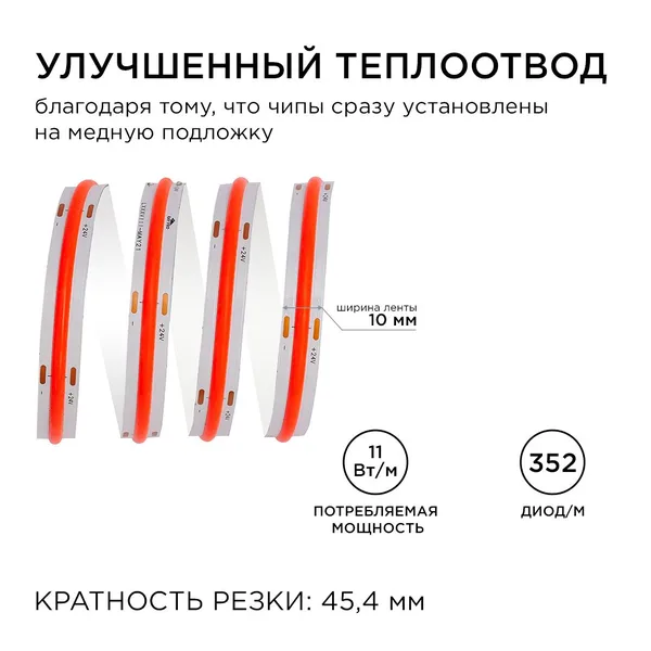 190ОО Общее освещение светодиодной лентой 5м, 24В, 11Вт/м, COB, 352д/м, IP20, крас. Apeyron — фото 6