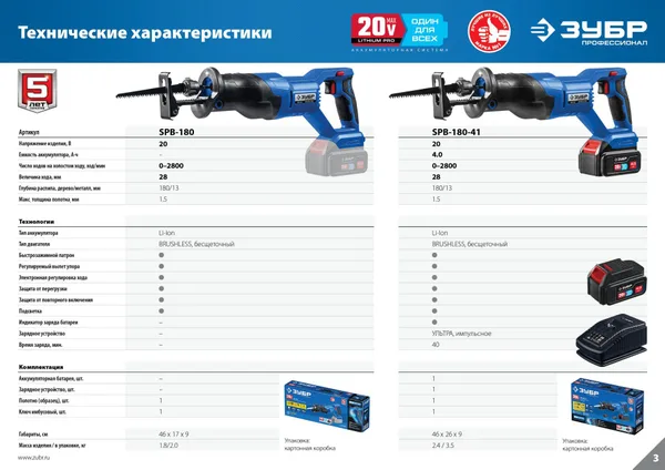 20В бесщеточная пила сабельная, без АКБ, в коробке, Профессионал. SPB-180 ЗУБР — фото 4