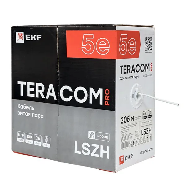 Кабель витая пара TERACOM PRO Cat,5E U/UTP 4 пары solid 24AWG оболочка LSZH нг(А)-HF цвет серый (упак, 305м) EKF — фото 4