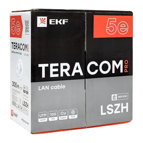 Кабель витая пара TERACOM PRO Cat,5E U/UTP 4 пары solid 24AWG оболочка LSZH нг(А)-HF цвет серый (упак, 305м) EKF — фото 3