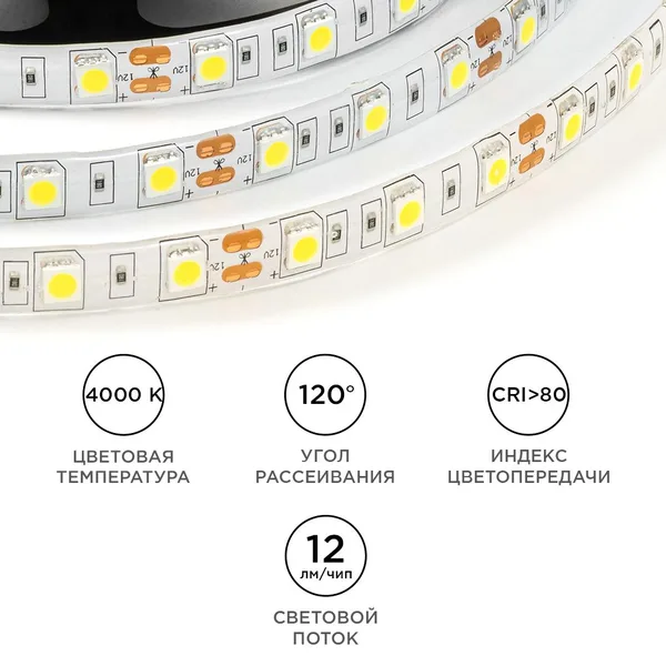 LSE-274 Светодиодная лента 12В, 14,4Вт/м, 600 лм/м, 4000К, smd5050, 60д/м, IP65, ширина подложки 10мм, 5м, д/б OGM APEYRON — фото 4