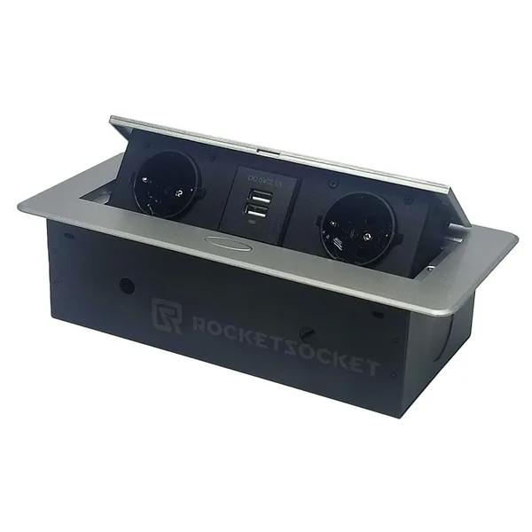 Розетка горизонтальная выдвижная 2EU+2USB Серая OvalC RocketSocket LIVOLO